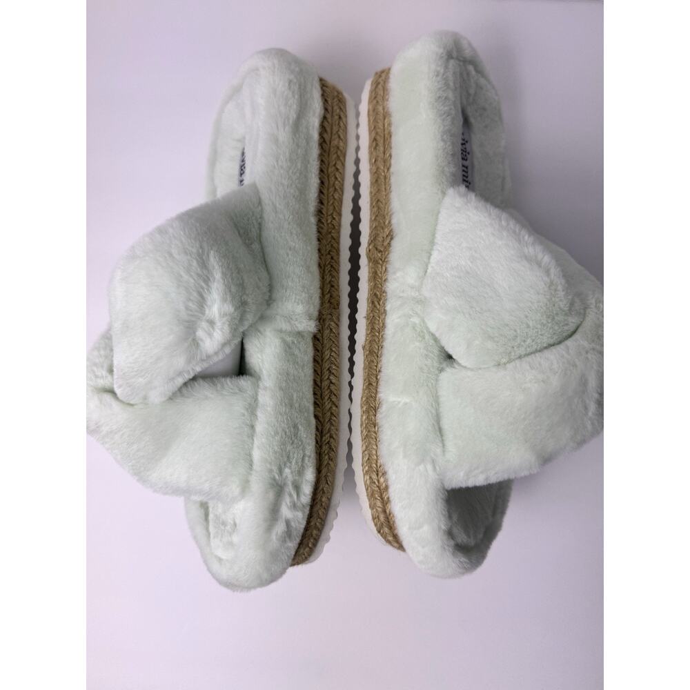 Olivia Miller Faux Fur Crossband Slippers Mint Green Open Toe Slide Size 10 - Picture 6 of 7